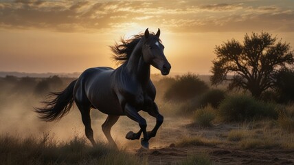 A black horse runs through a field of grass at sunset, kicking up dust.