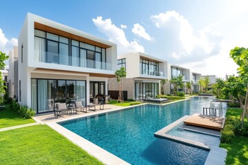Fototapeta premium Modern townhouses and villas ​​Combines contemporary architecture with premium amenities. The villa has a private pool, large garden and spacious outdoor living area.
