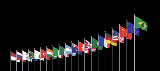 G20 Rio de Janeiro summit, November 2024, Brazil. Isolated on black background. 3d Illustration.