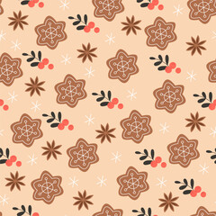 Seamless Pattern with Anise, Gingerbread, and Snowflakes
