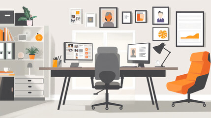 A remote team member's home office setup featuring video conferencing tools, cloud storage access, and ergonomic furniture for long virtual meetings.