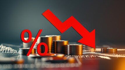 3D rendering of a bank rate cut concept with a descending red curve symbolizing the lowering of interest rates