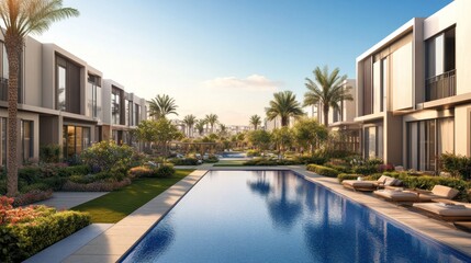 Fototapeta premium modern townhouse Outstanding elegant design The villa has a private pool, terrace and inviting landscaped gardens.