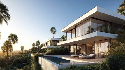 Fototapeta premium modern townhouse Outstanding elegant design The villa has a private pool, terrace and inviting landscaped gardens.