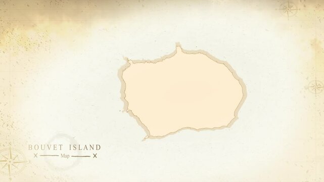 Map of Bouvet Island in the old style, brown graphics in retro fantasy style, perfect for intro or video presentation. High quality 4K video.