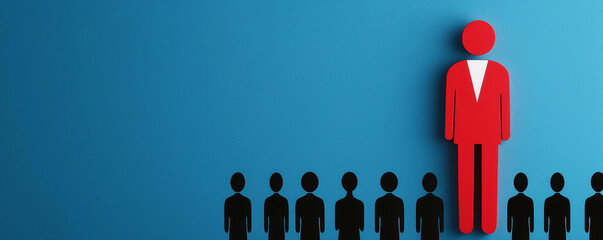 A red figure stands prominently among smaller black figures on a blue background, symbolizing leadership and distinction.