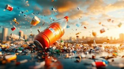 Recycling Scene with Waste Materials Under Sunset