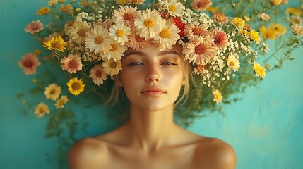 mental health awareness and self care woman,her head covered,flowers happiness and inner peace,strong and feminine personality psychological balance for mother,female.illustration