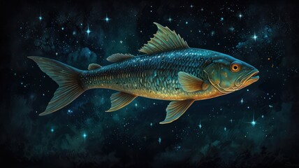 Fototapeta premium A stylized illustration of a fish swimming through a starry night sky.