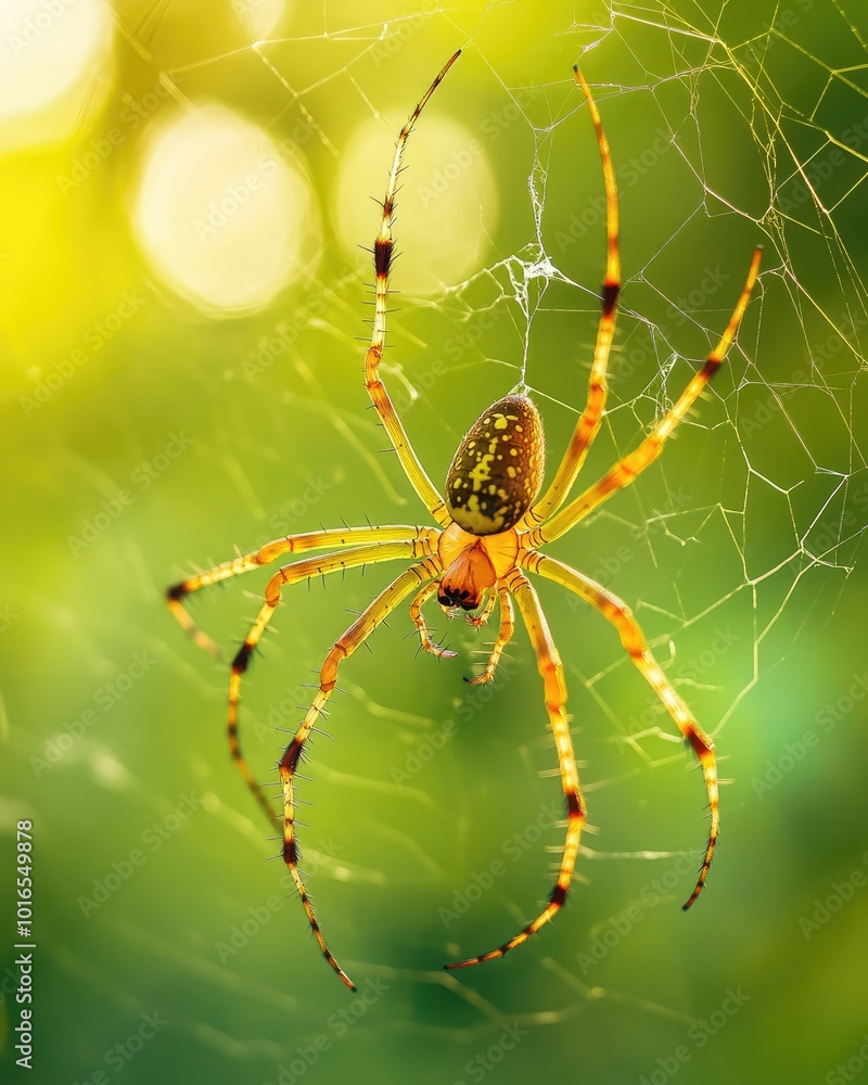 Poster spider on web with green background for design concepts