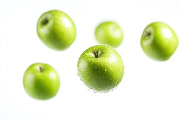 Green apples background floating produce.