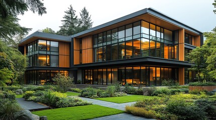 Fototapeta premium modern energy efficient building,large windows green landscaping and sustainable design elements.create by F.a