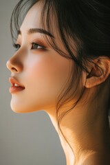 Fototapeta premium A close-up of an Asian woman with luminous skin and delicate, natural makeup, standing tall. The vertical composition and soft lighting emphasize her glowing complexion and graceful appearance