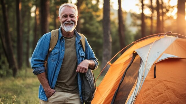 A cheerful senior man stands beside his tent, enjoying a camping trip in the great outdoors. His fit physique and wide smile showcase his dedication to an active, healthy lifestyle amidst nature's bea