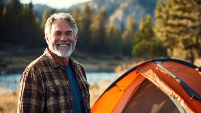 A cheerful senior man stands beside his tent, enjoying a camping trip in the great outdoors. His fit physique and wide smile showcase his dedication to an active, healthy lifestyle amidst nature's bea