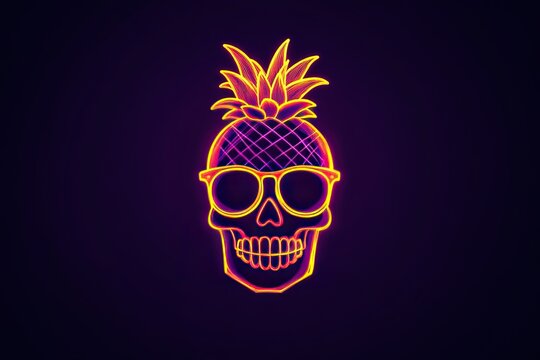 recommend clip art: A logo with an outline of a pineapple and a skull wearing sunglasses, in a neon style on a black background