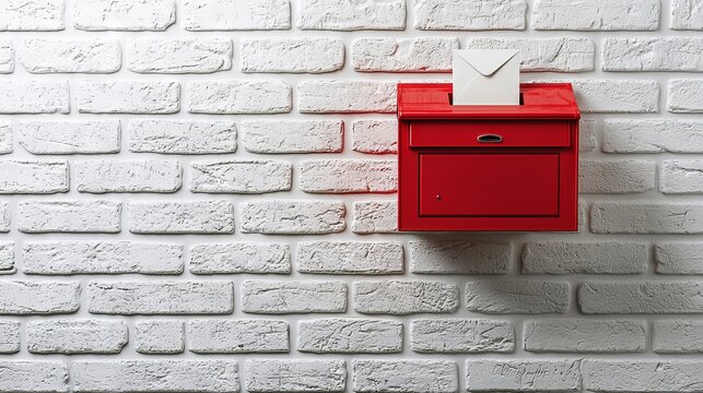 Red mailbox attached to a white brick wall with a letter