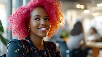 Inclusive happy smiling black African American disabled office LGBTQ  queer female wheelchair bound colleague, pink lesbian afro hair, bright diverse deib positive workplace, candid afro american