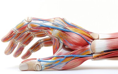 Detailed anatomical model of a human hand and forearm, showcasing muscles, bones, and veins.