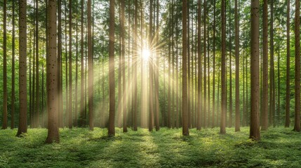 Serene forest with sunlight filtering through the trees, creating a peaceful sanctuary for meditation