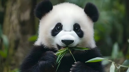 Obraz premium A cute panda eating bamboo, with soft pastel colors in the background.