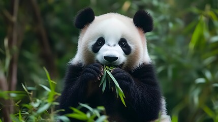 A cute panda eating bamboo, with soft pastel colors in the background.


