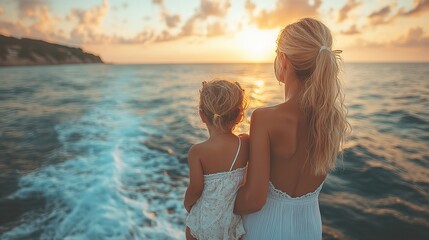 Fototapeta premium mother,her little daughter enjoying time at sea rear view.illustration