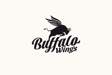 simple buffalo wings logo with a jumping winged buffalo. It is good for buffalo wings business in restaurant, cafe, food truck, etc.