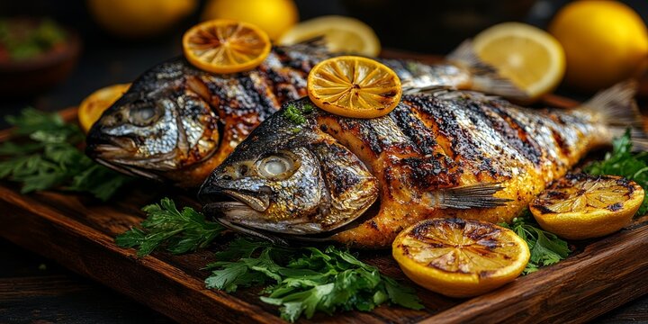 Dos pescados a la parrilla adornados con rodajas de lim&oacute;n y perejil, dispuestos sobre una tabla de madera.

