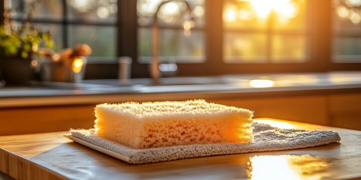 Esponja blanca descansando sobre un trapo en la cocina, iluminada por los &uacute;ltimos rayos de sol.

