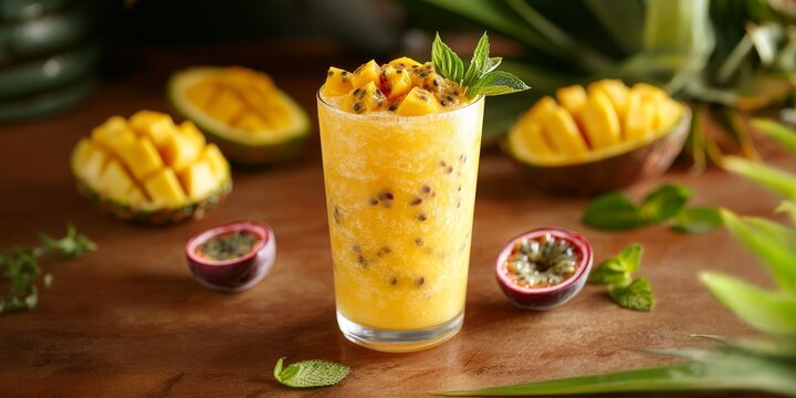 Smoothie de mango y maracuy&aacute;, servido en un vaso con trozos de fruta y decorado con hojas frescas, sobre una mesa de madera.

