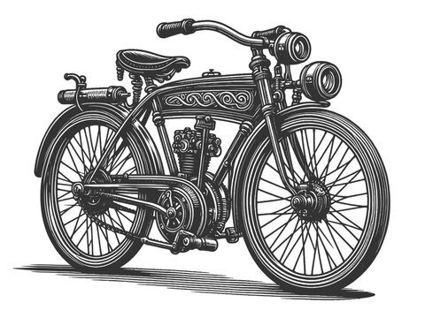 recommend clip art: Steampunk vintage motorcycle bike, detailed design elements and classic styling sketch engraving generative ai vector illustration. Scratch board imitation. Black and white image.