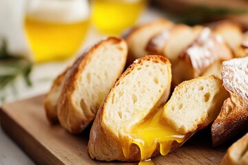 Melted butter slowly dripping off the edges of freshly baked bread, caught in perfect slow motion