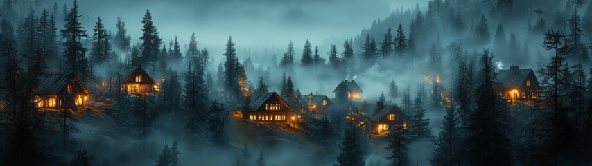 Fototapeta premium A cinematic shot of a foggy mountain village nestled among the trees, with soft mist rising and dim lights glowing from the small houses. The peaceful, dreamy setting evokes nostalgia.
