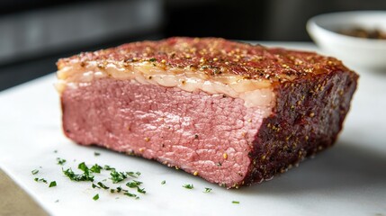A chunk of corned beef displayed on a white surface, emphasizing its hearty texture and inviting color.
