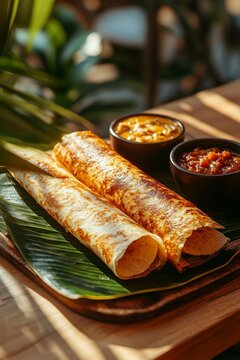 Masala Dosa, dos crepes crujientes de arroz, servidos con chutney y samber, en un entorno tropical con hojas de pl&aacute;tano.

