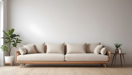 A modern, minimalist beige sofa with a wooden frame against a plain white wall.