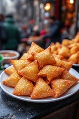 Samosa, pequeñas empanadillas fritas rellenas de vegetales y especias, servidas en un plato en un entorno de comida callejera.