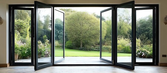 Fototapeta premium Open French Doors Reveal Tranquil Garden