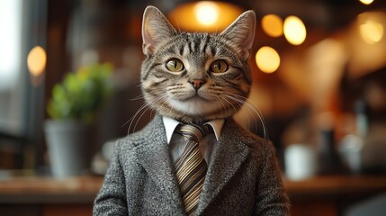office,laughing cat dressed in a corporate clothing and tie home pet in professional workplace environment,traditional corporate style kitty as company boss and leader humor and fun.illustration