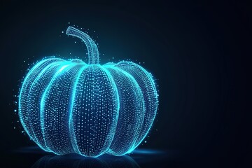 A glowing blue pumpkin made of lines and dots on a dark background