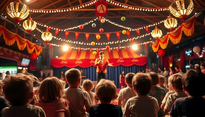 Children watching a show inside a decorated and lit circus tent, seen from behind.