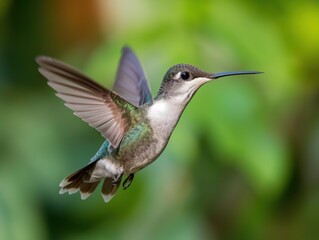 Obraz premium Small hummingbird with vibrant green body and white head in mid-flight. Wings spread wide, beak pointed downwards. Central position, blurred background suggesting lush garden or park setting.