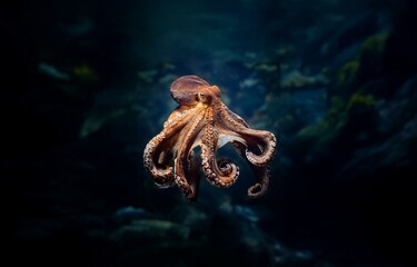 A close-up of an octopus with eight tentacles, swimming in dark blue water with blurry underwater background.