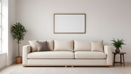 A modern, minimalist beige sofa with a wooden frame against a plain white wall.