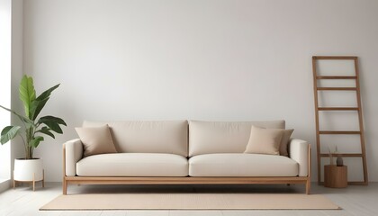 A modern, minimalist beige sofa with a wooden frame against a plain white wall.