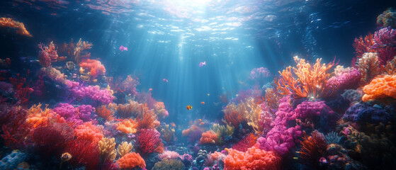 A surreal underwater world filled with glowing sea creatures and vibrant coral formations. The cinematic lighting and soft, dreamlike atmosphere create an enchanting underwater scene.