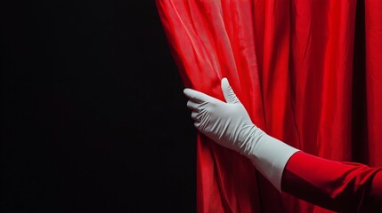 Theater curtain being pulled aside by a gloved hand in a dramatic red and black setting, performance concept
