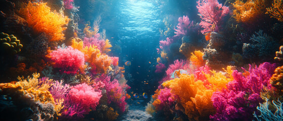 A surreal underwater world filled with glowing sea creatures and vibrant coral formations. The cinematic lighting and soft, dreamlike atmosphere create an enchanting underwater scene.