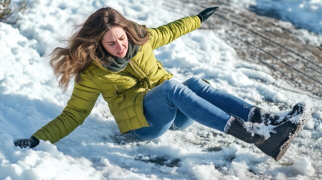 Young Caucasian woman slipping on icy ground during winter, wearing a green jacket and boots in the snow